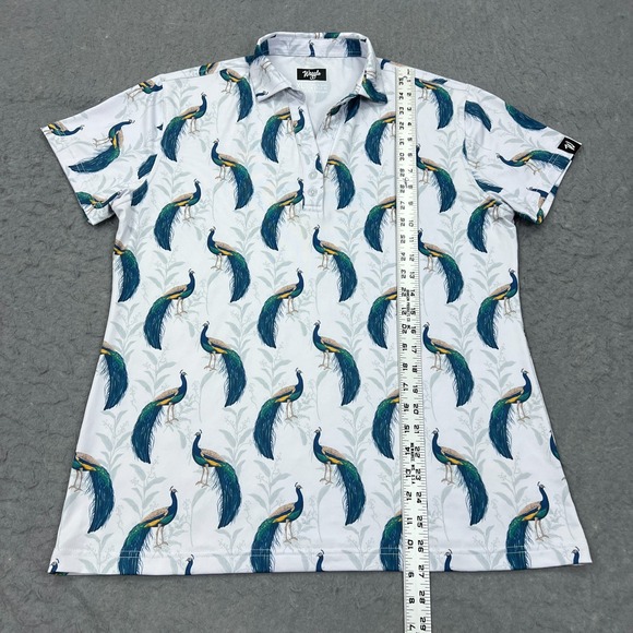Waggle Polo Shirt Women's XL White Peacocking Bird AOP Golf Athletic Wicking Top - Picture 7 of 9
